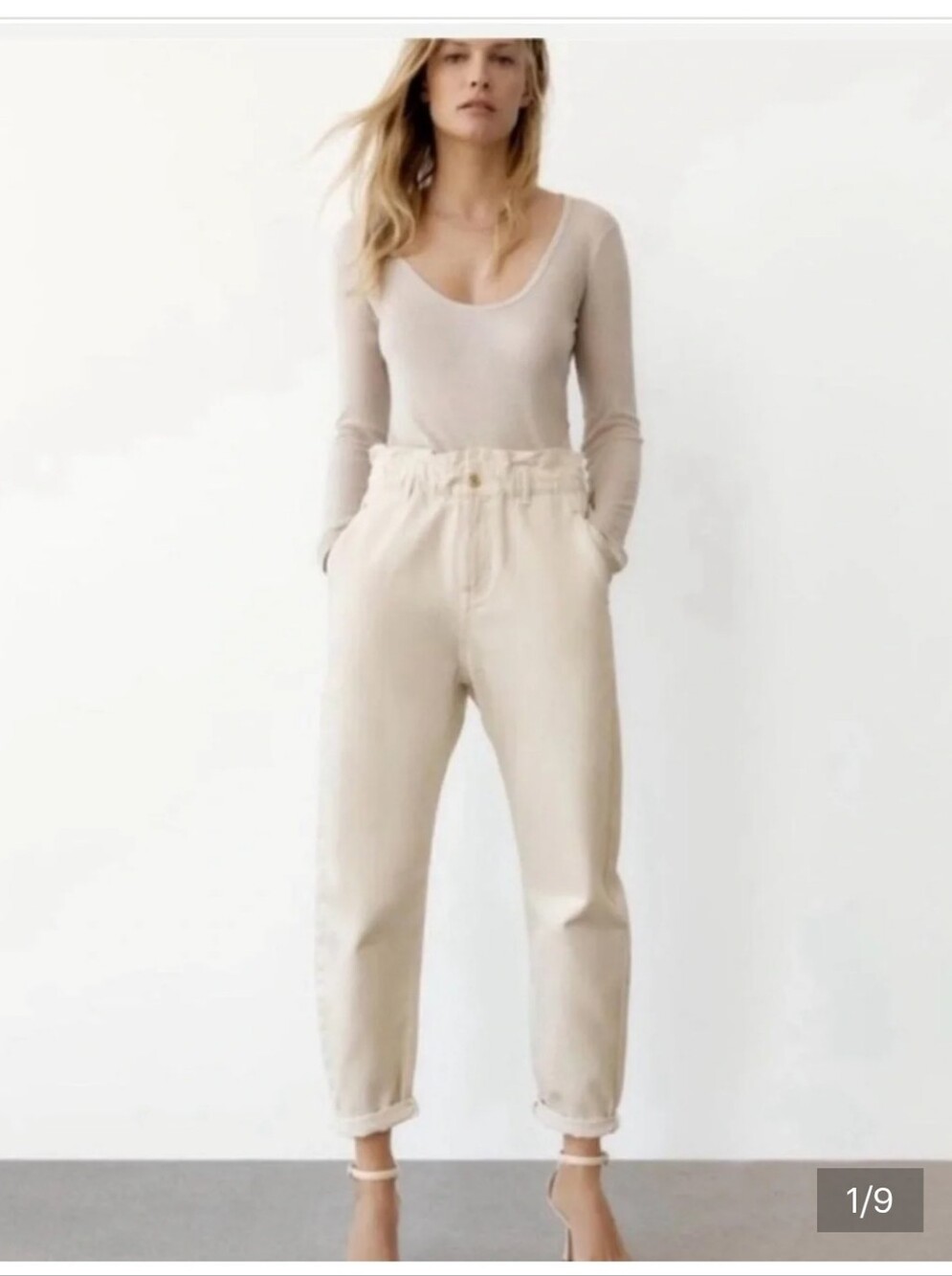 Zara Cream Paperbag Ruched Waist Tapered Denim Pants Size 2 Rolled Cuffs